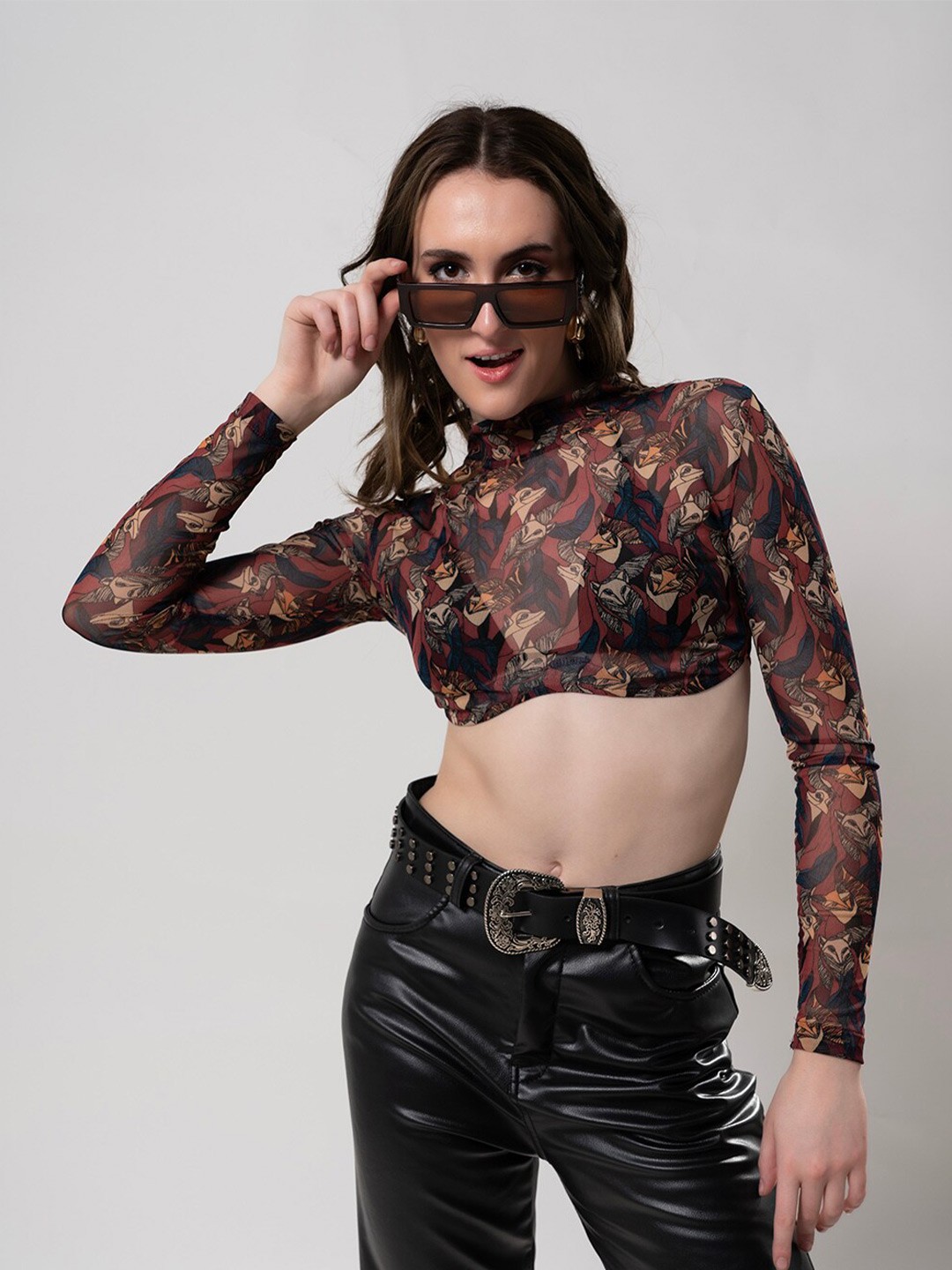 

Stylecast X Hersheinbox Maroon Graphic Print High Neck Semi Sheer Fitted Crop Top