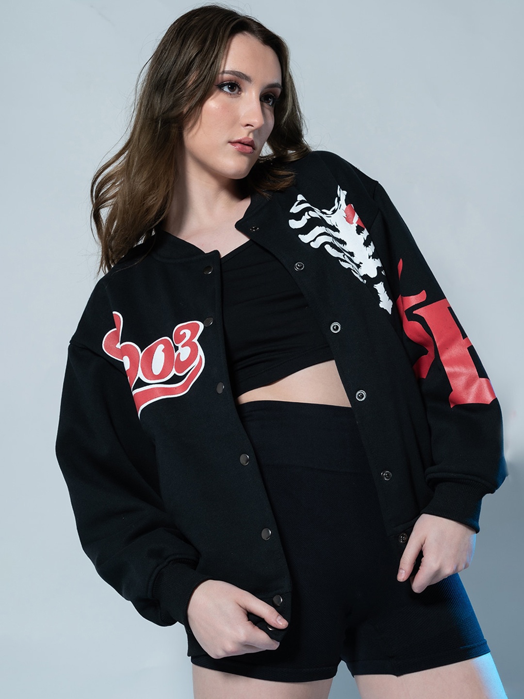 

Stylecast X Hersheinbox Back Typography Printed Fleece Varsity Jacket, Black