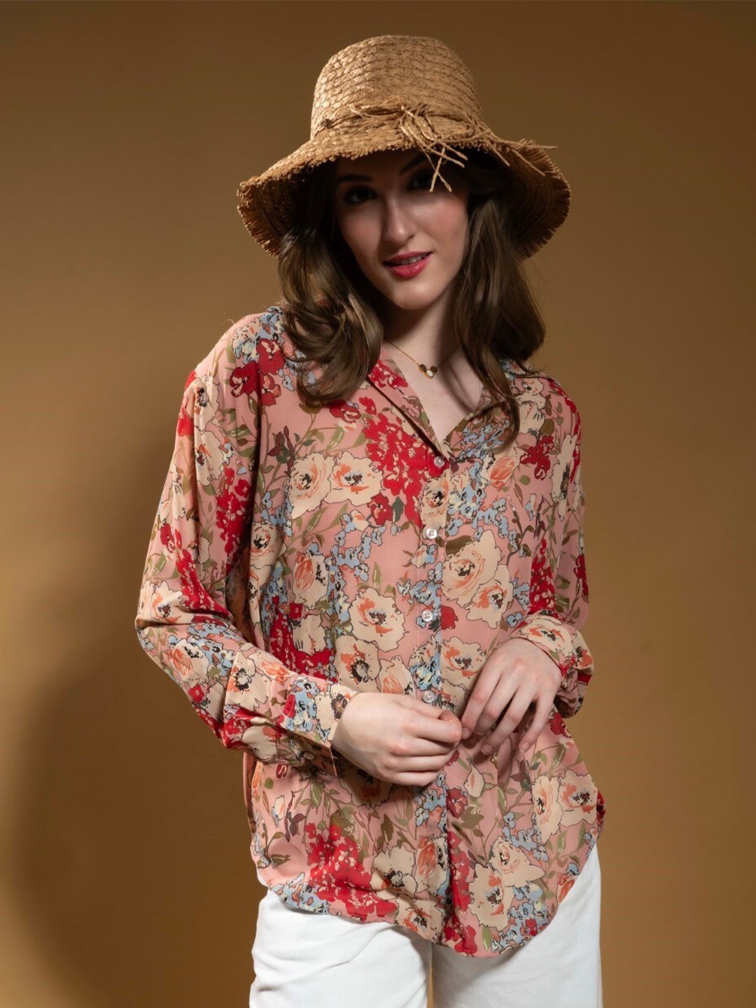 

Stylecast X Hersheinbox Pink Floral Printed Oversized Casual Shirt