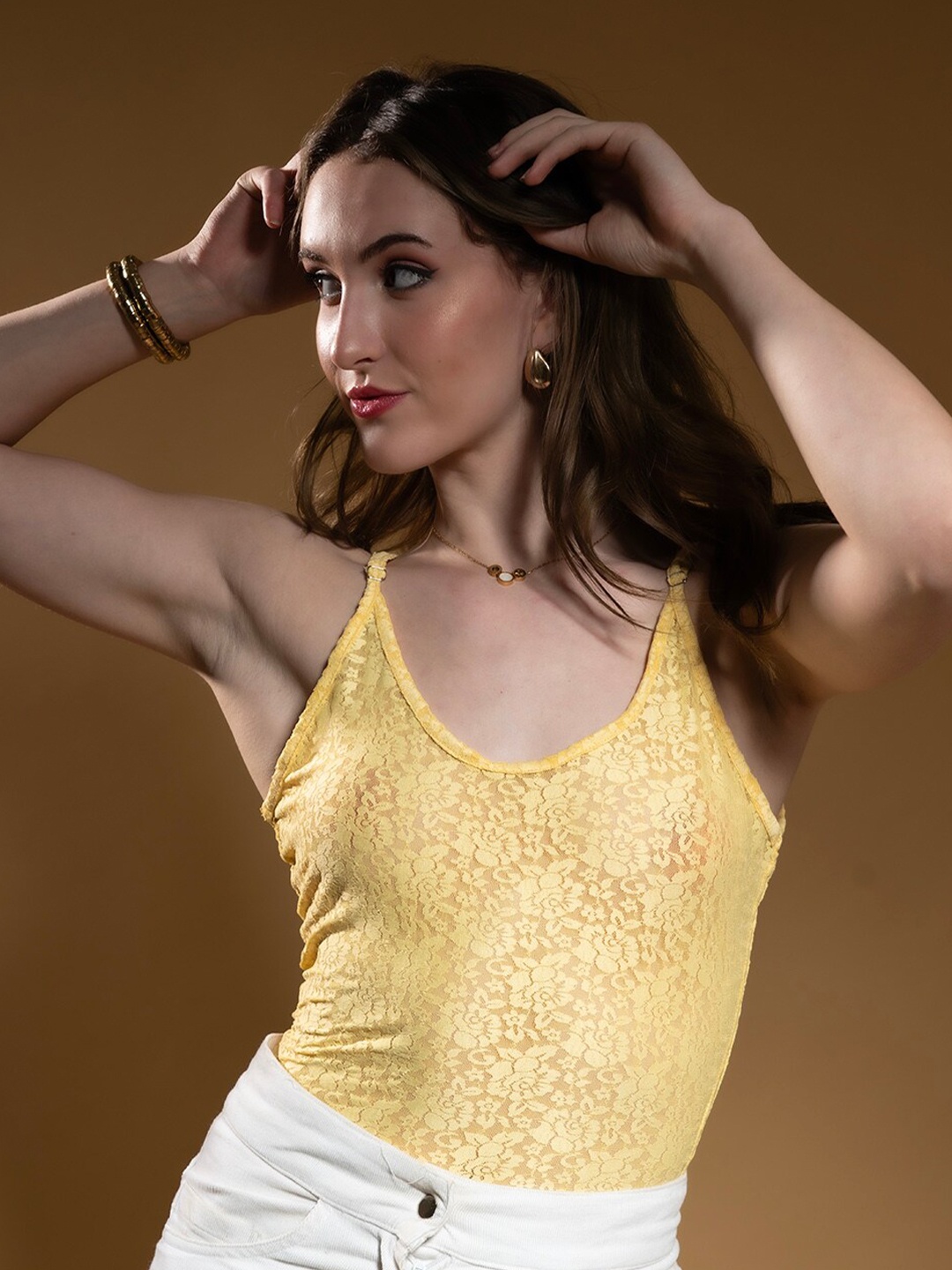 

Stylecast X Hersheinbox Yellow Floral Lace Shoulder Straps Top