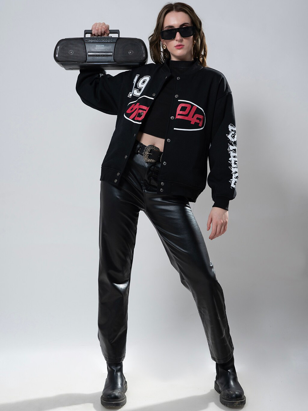 

Stylecast X Hersheinbox Black Printed Stand Collar Pure Cotton Bomber Jacket