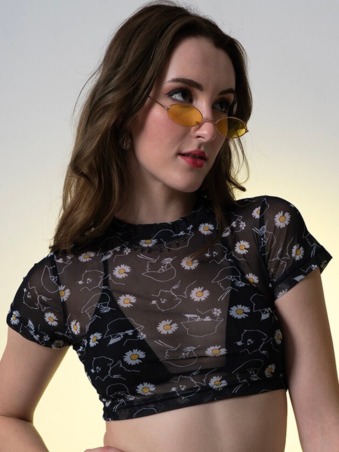 

Stylecast X Hersheinbox Black Floral Print Semi Sheer Fitted Crop Top