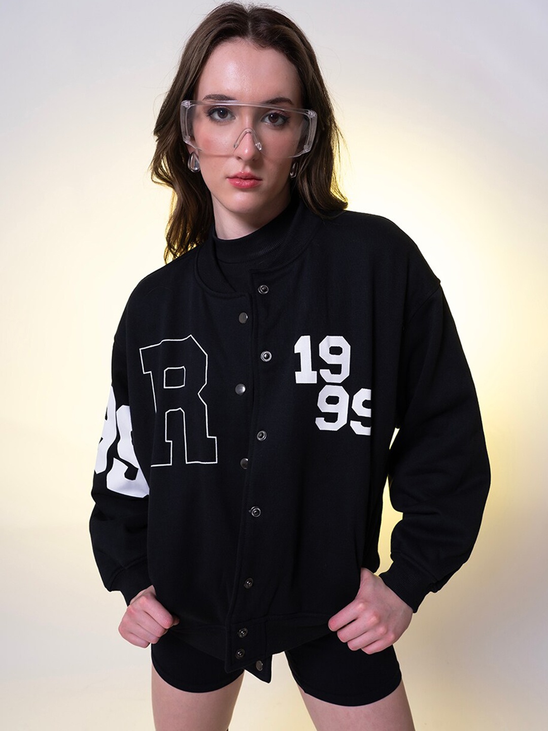 

Stylecast X Hersheinbox Black Printed Stand Collar Pure Cotton Tailored Jacket