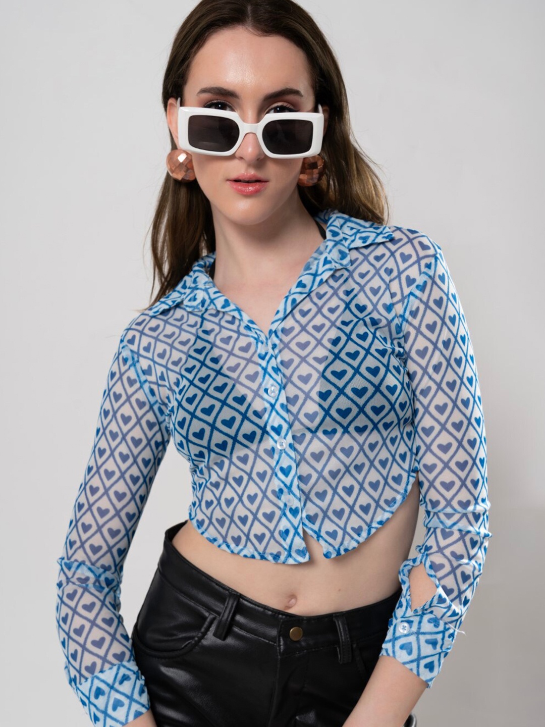 

Stylecast X Hersheinbox Blue Conversational Print Semi Sheer Shirt Style Crop Top
