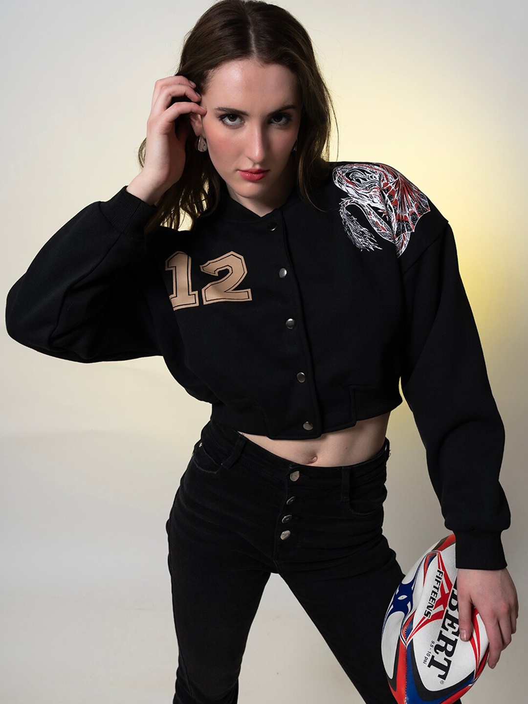 

Stylecast X Hersheinbox Black Printed Mock Collar Pure Cotton Crop Varsity Jacket