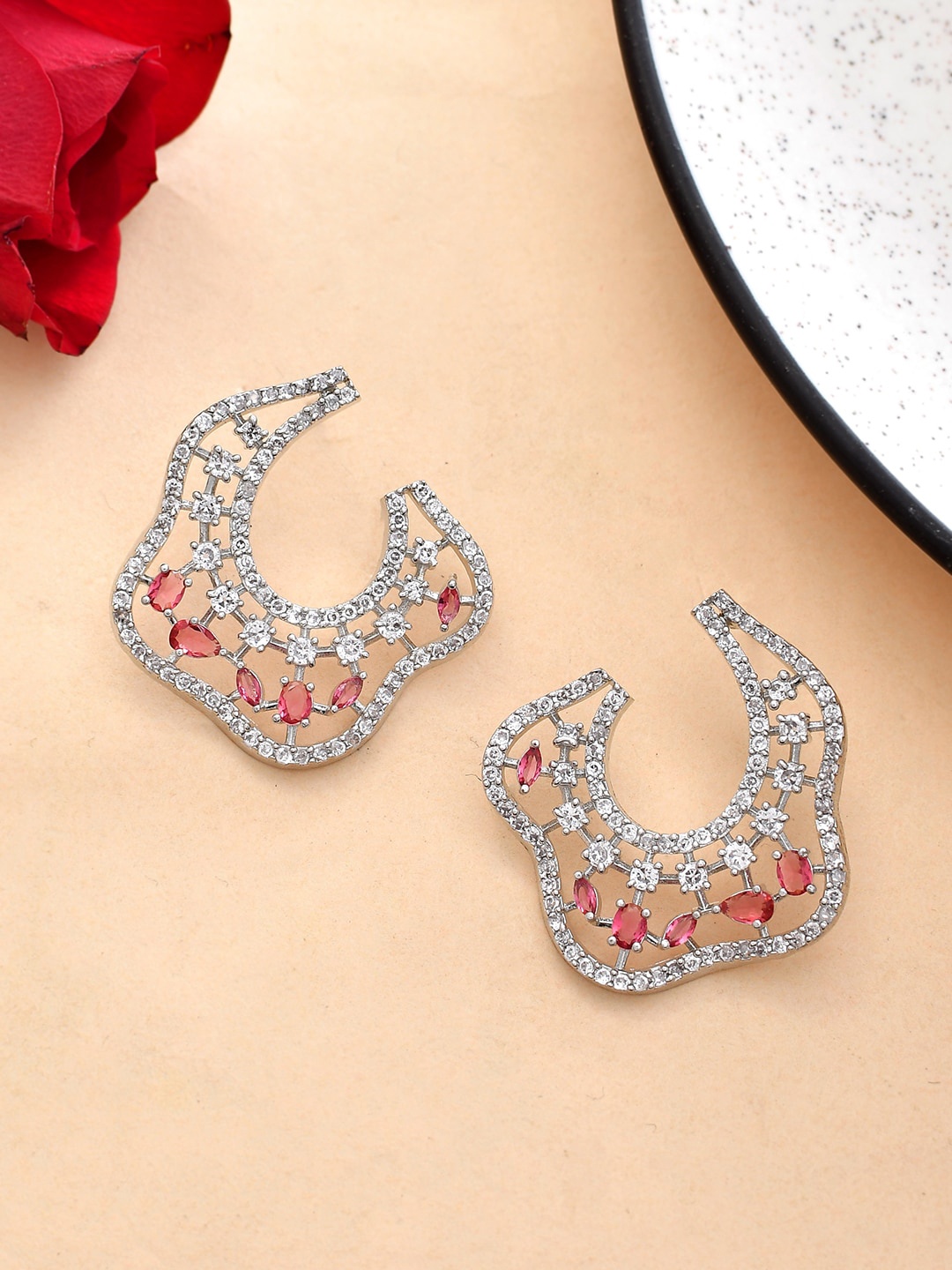 

Voylla Rhodium-Plated Cubic Zirconia Studded Contemporary Drop Earrings, Silver