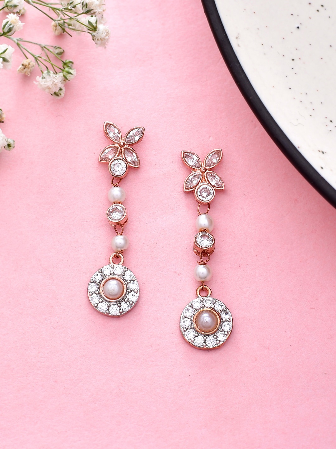 

Voylla Rose Gold-Plated Cubic Zirconia Drop Earrings