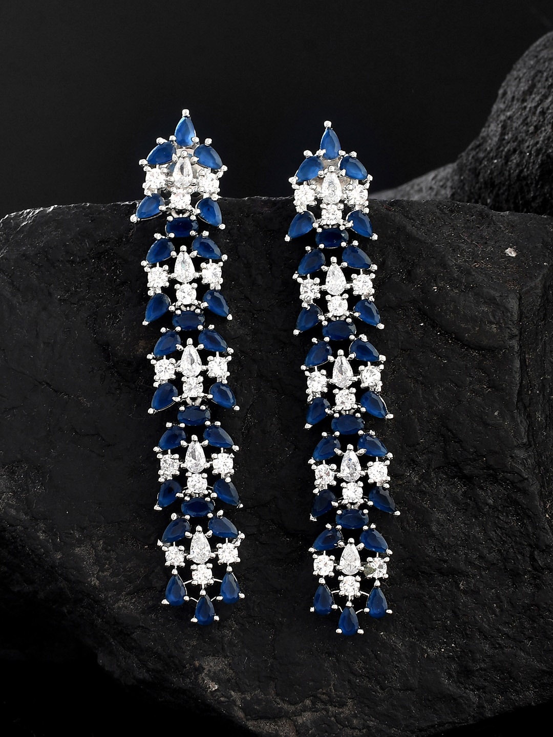 

Voylla Rhodium-Plated Cubic Zirconia Studded Contemporary Statement Drop Earrings, Silver