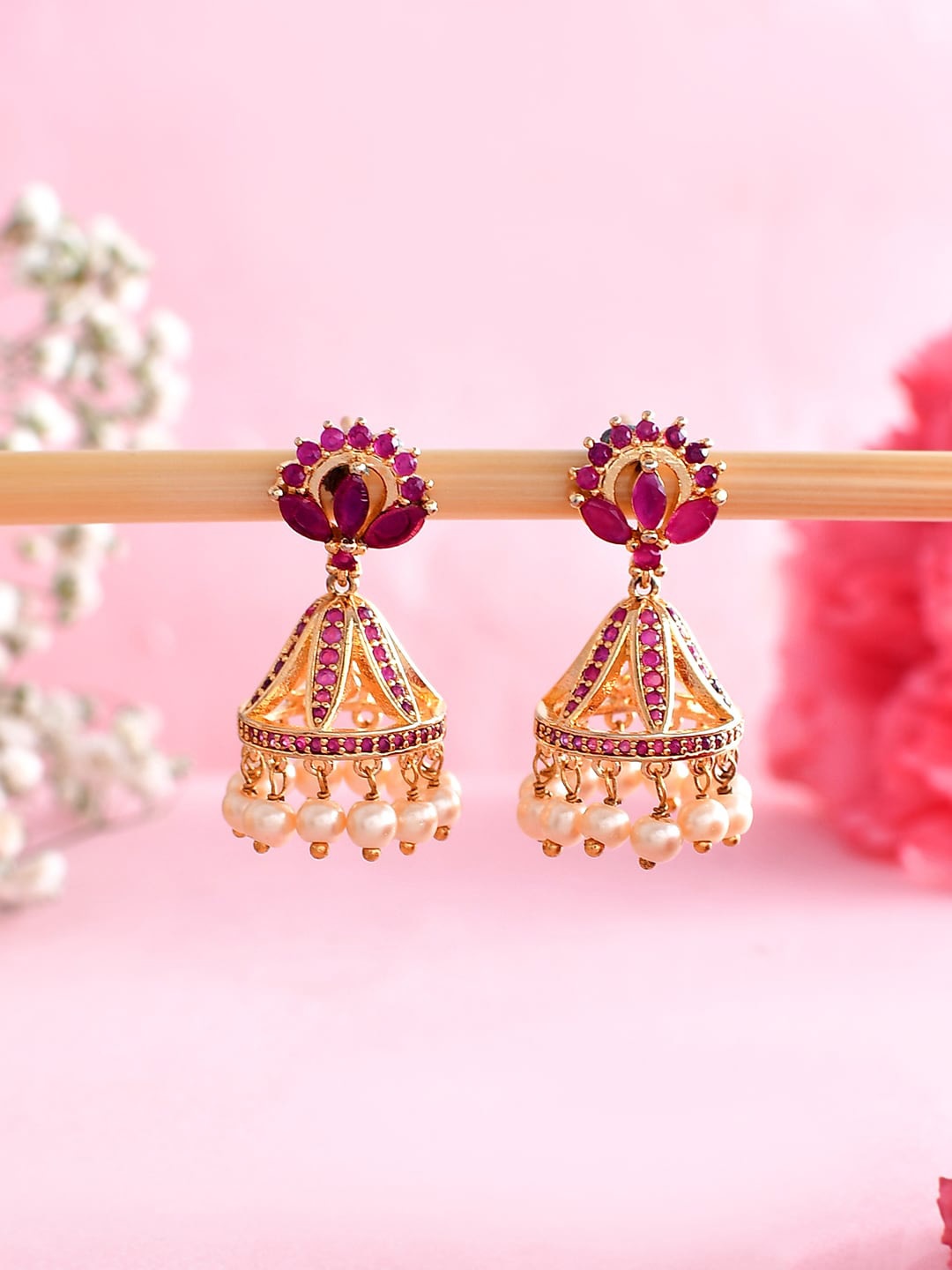 

Voylla Gold-Plated Cubic Zirconia Studded Dome Shaped Jhumkas
