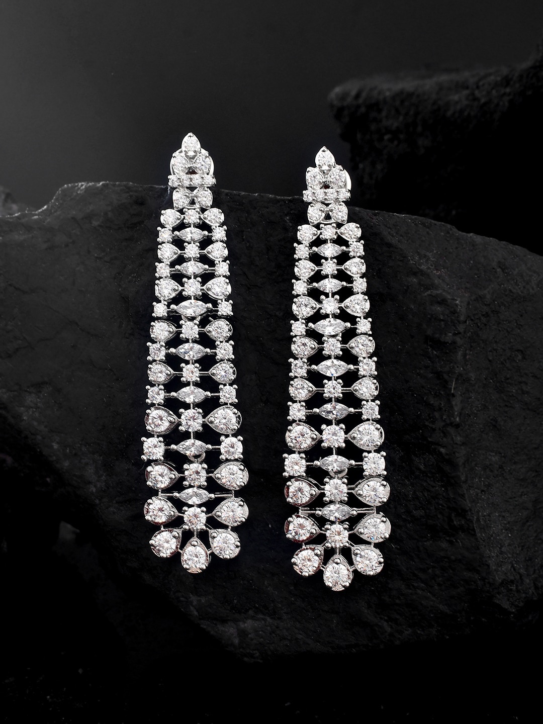 

Voylla Rhodium-Plated Cubic Zirconia Studded Contemporary Statement Drop Earrings, Silver