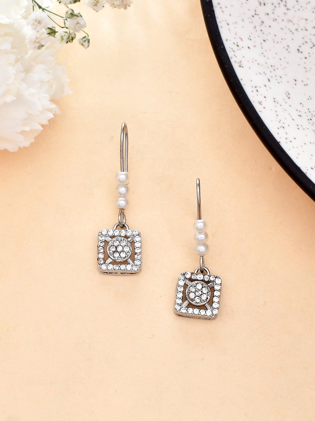 

Voylla Rhodium-Plated Cubic Zirconia Oxidised Drop Earrings, Silver