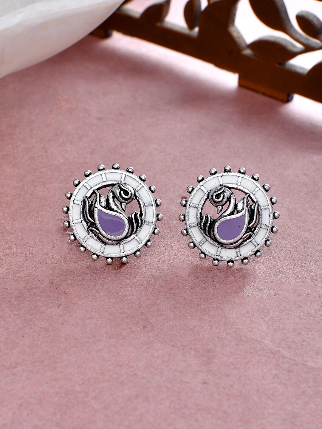 

Voylla Silver-Plated Peacock Shaped Oxidised Studs Earrings
