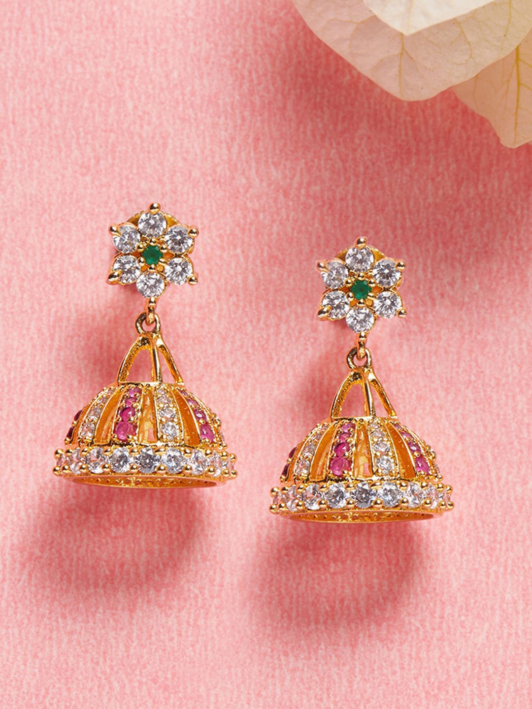 

Voylla Gold-Plated Cubic Zirconia Studded Jhumkas Ethnic Earrings