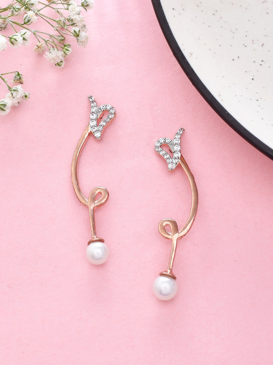 

Voylla Rose Gold-Plated Cubic Zirconia-Studded Drop Earrings