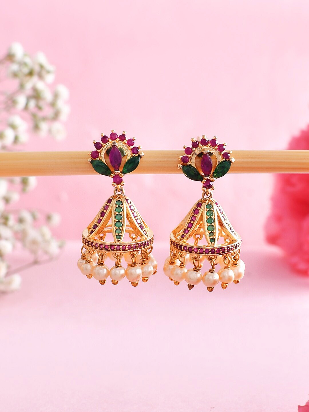 

Voylla Gold-Plated Cubic Zirconia Stone Studded Jhumkas