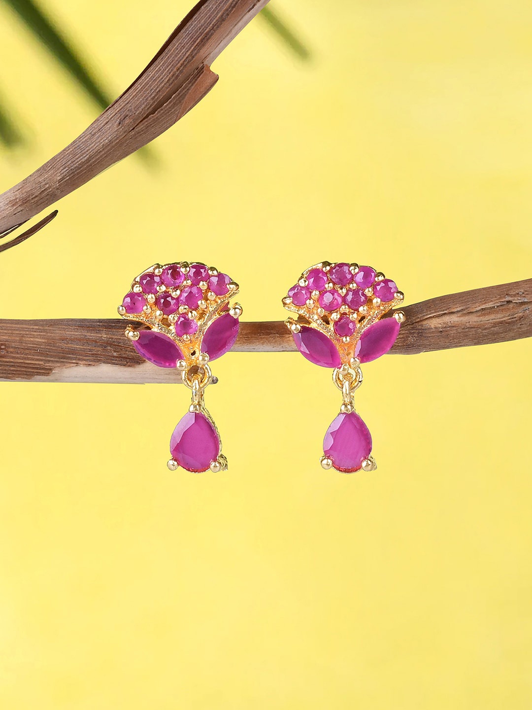 

Voylla Gold-Plated Cubic Zirconia Studded Teardrop Shaped Drop Earrings