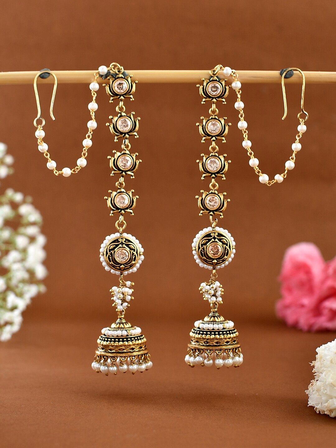 

Voylla Gold-Plated Studded And Beaded Jhumkas With Chain