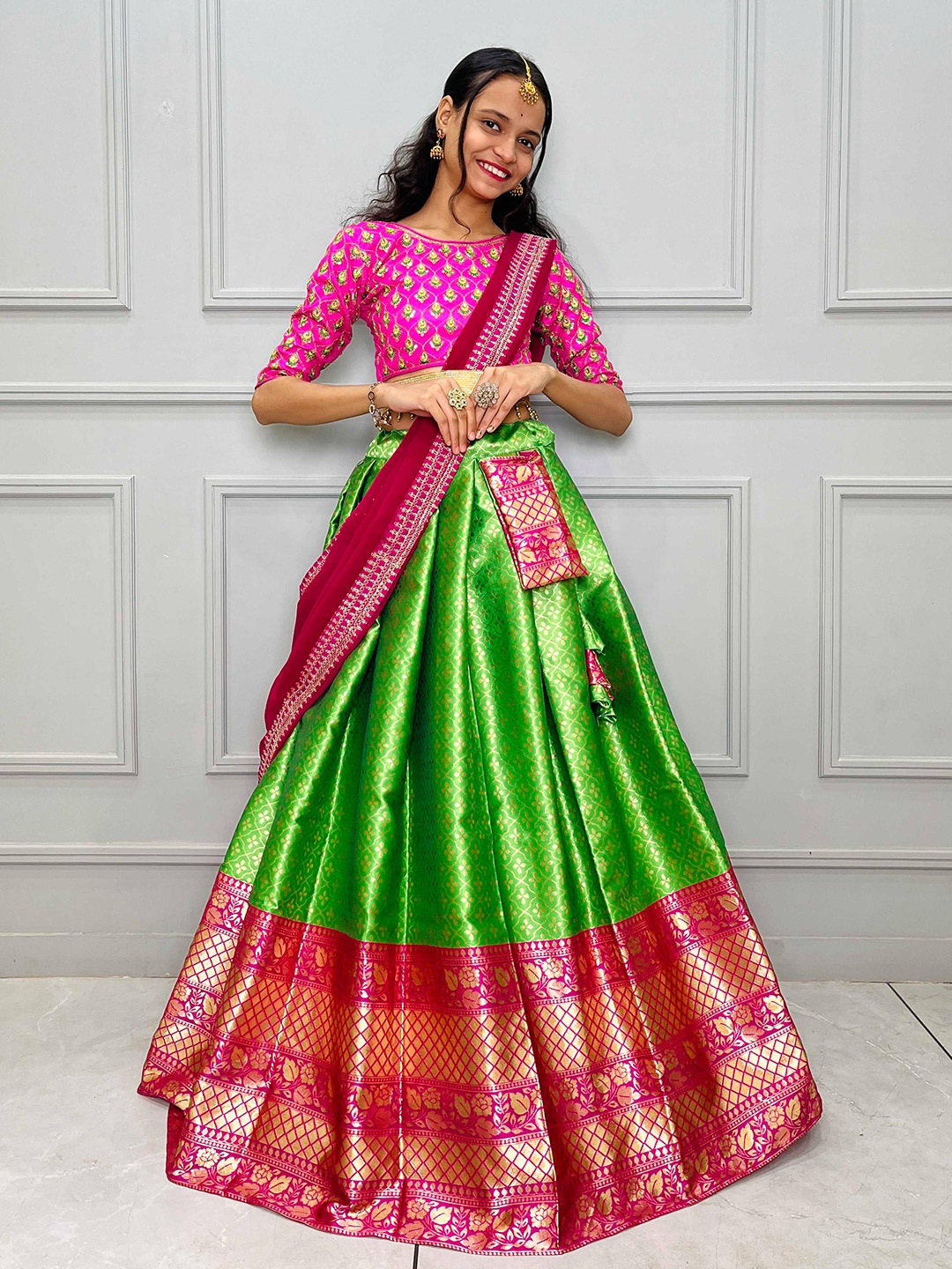 

Fabcartz Lime Green Semi-Stitched Lehenga & Unstitched Blouse With Dupatta