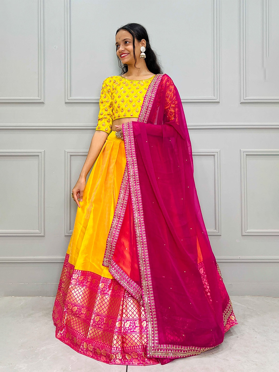 

Fabcartz Yellow Semi-Stitched Lehenga & Unstitched Blouse With Dupatta