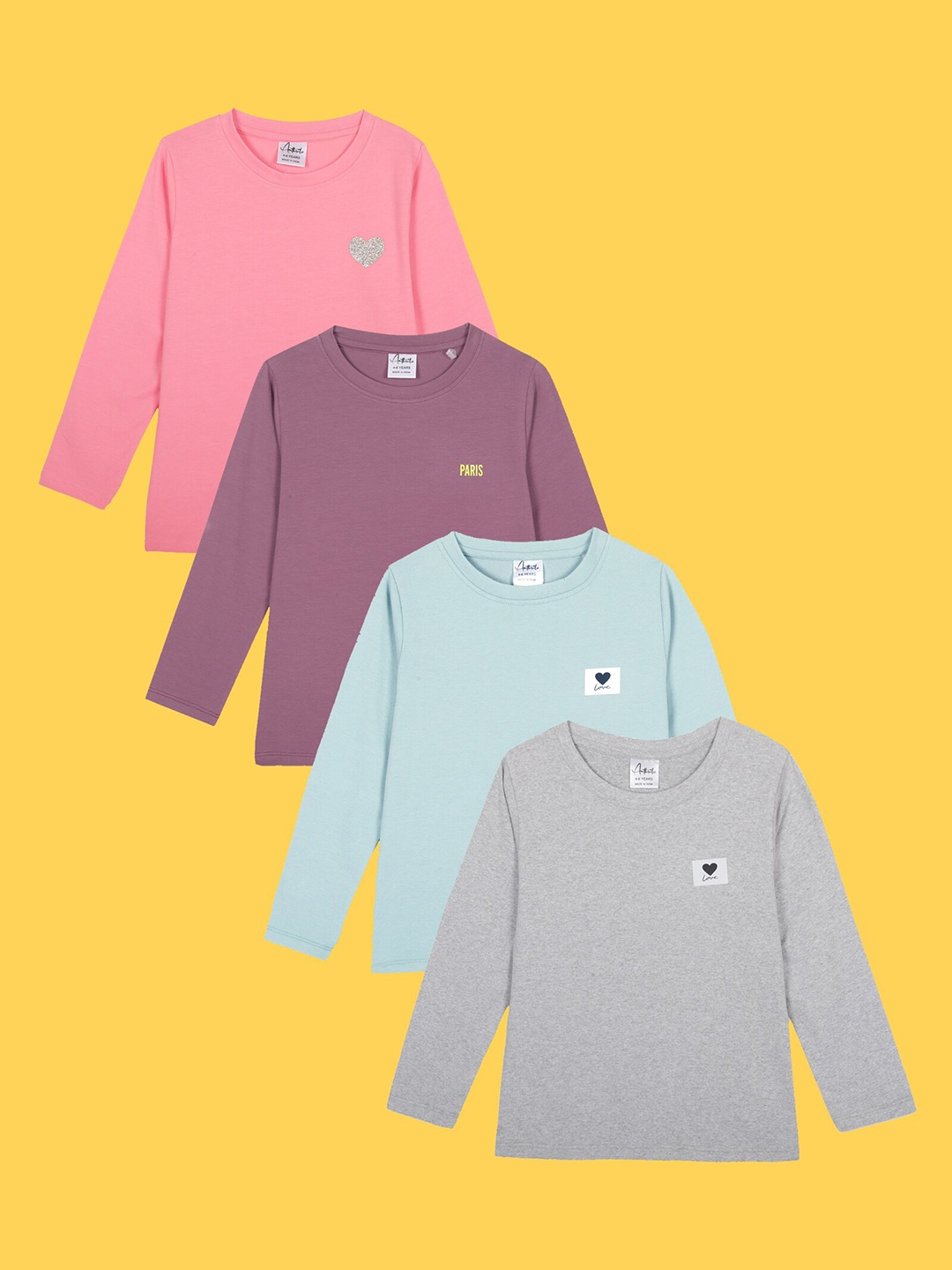 

Anthrilo Girls Pack Of 4 Long Sleeves Comfort Fit Cotton T-shirts, Grey