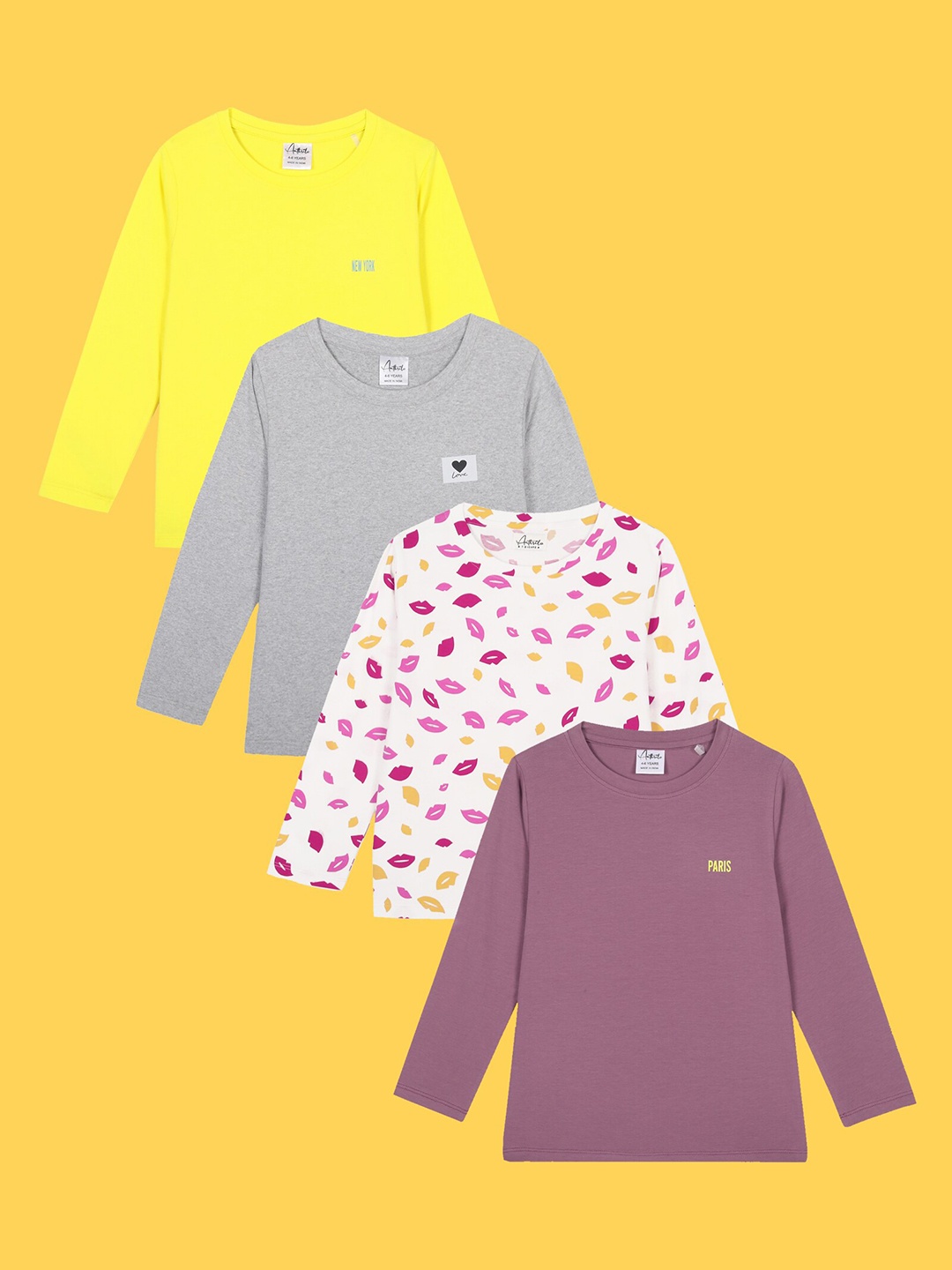 

Anthrilo Girls Pack Of 4 Long Sleeves Comfort Fit Cotton T-shirts, Yellow