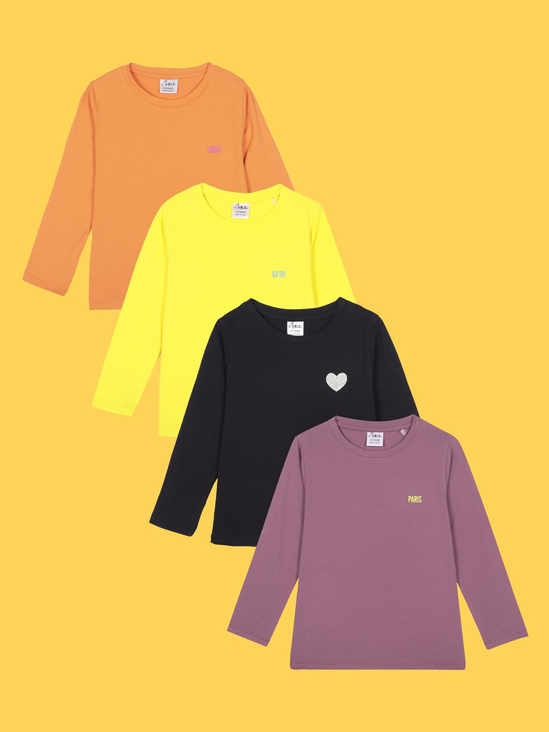 

Anthrilo Girls Pack Of 4 Round Neck Long Sleeves T-shirt, Mustard