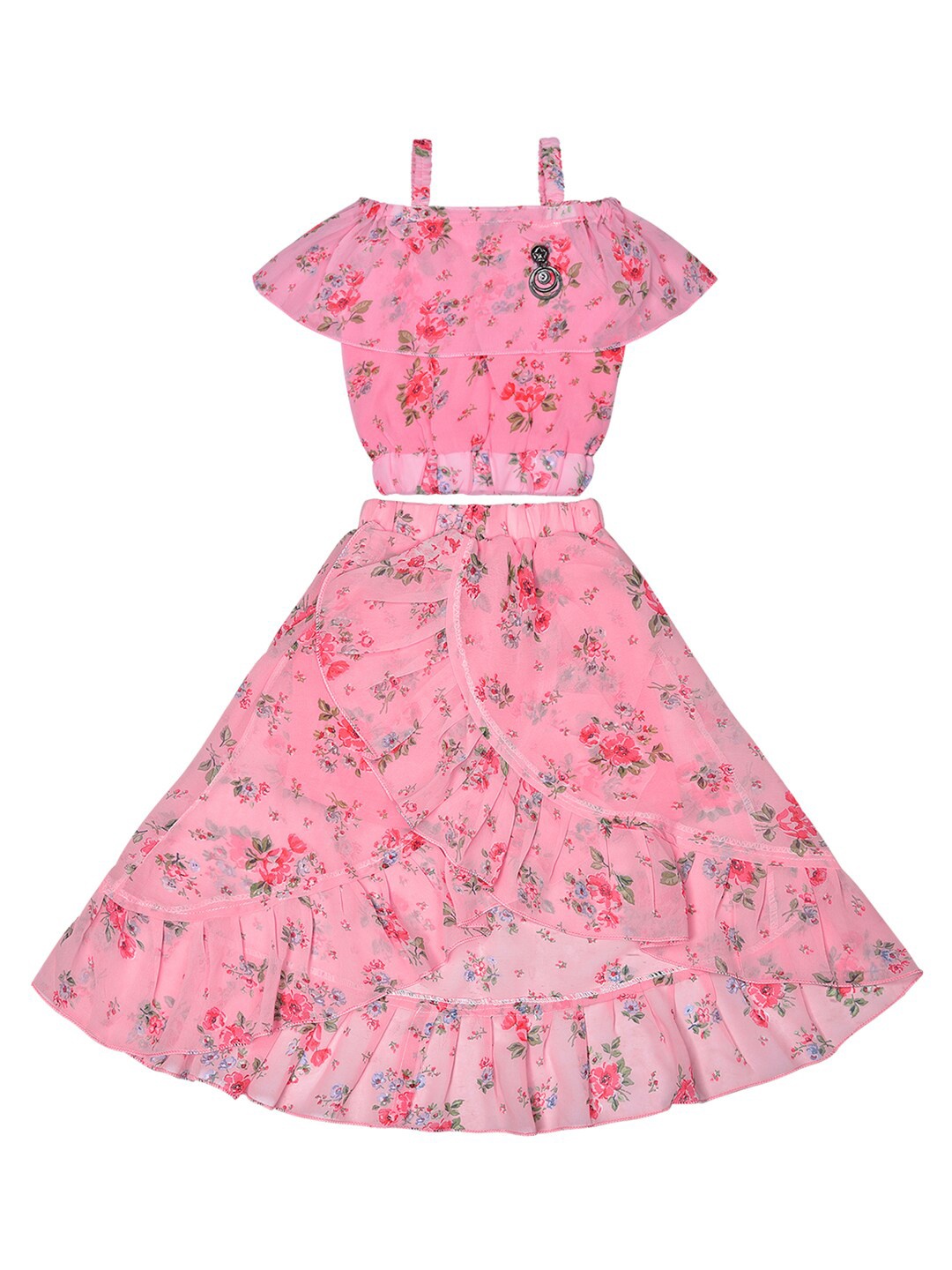 

Wish Karo Girls Floral Printed Cold Shoulder Sleeve Top with Skirt, Pink