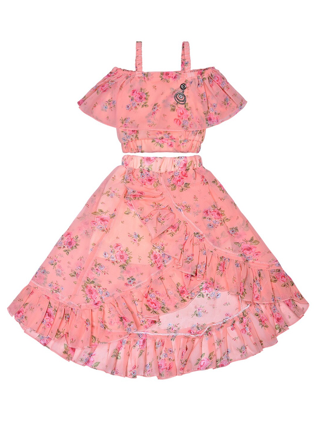 

Wish Karo Girls Floral Printed Cold Shoulder Sleeve Top with Skirt, Orange