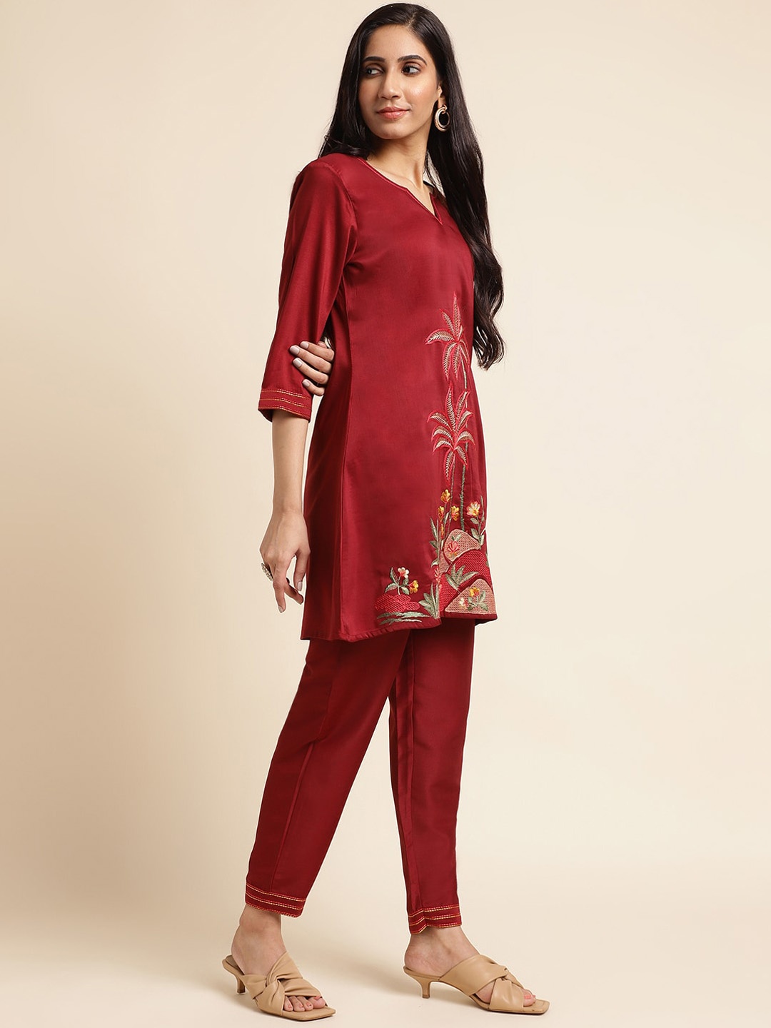 

FABMORA Plus Size Embroidered Notched Neck Tunic With Trouser, Maroon