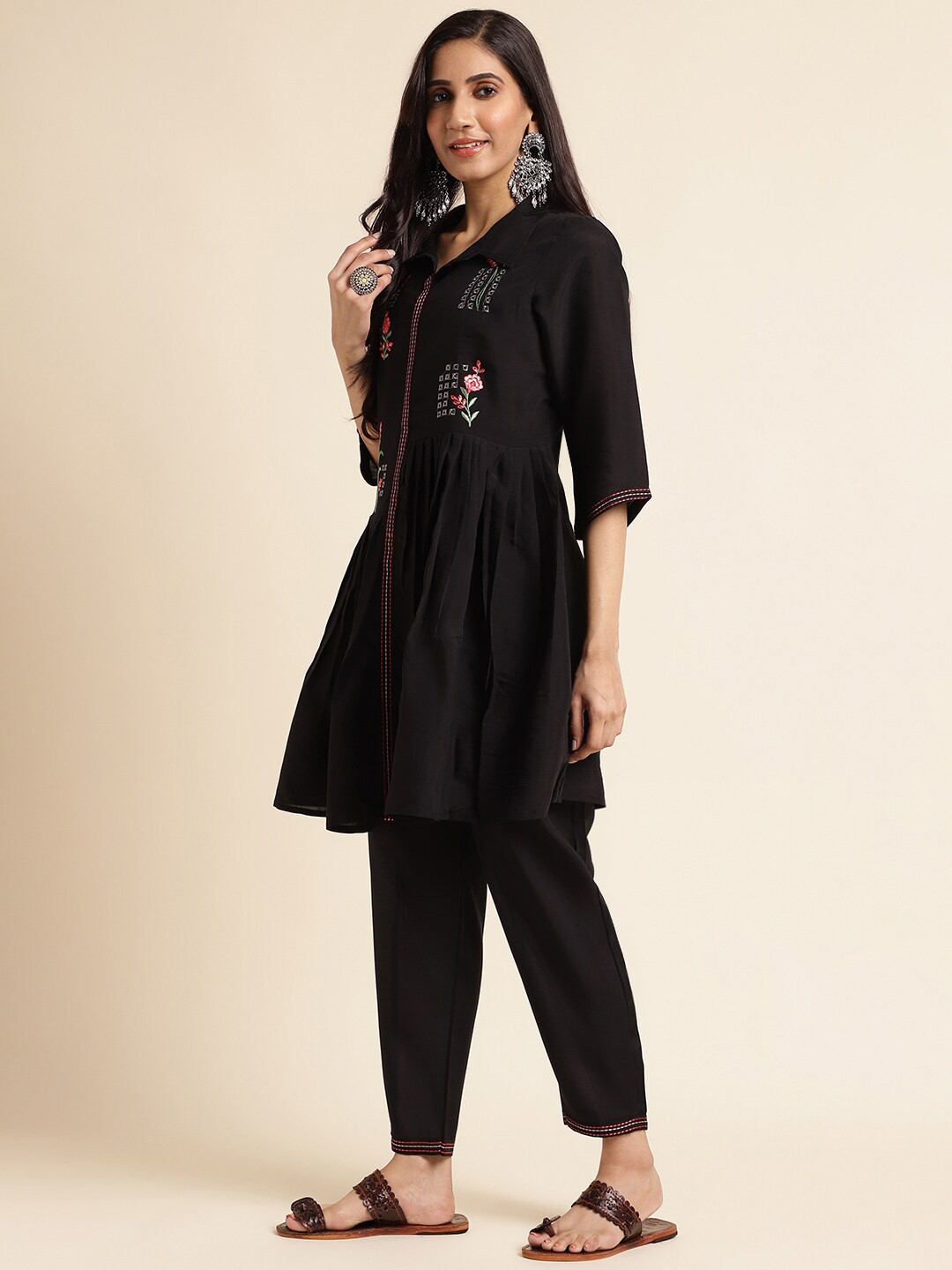 

FABMORA Plus Size Embroidered Shirt Collar Tunic With Trouser, Black