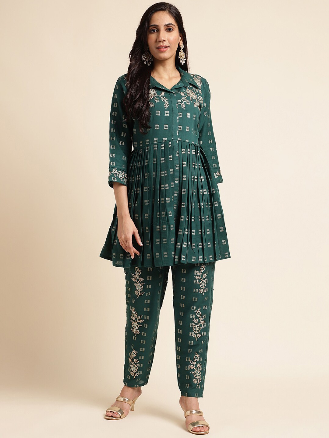 FABMORA Embroidered Shirt Collar Tunic With Trouser, Green