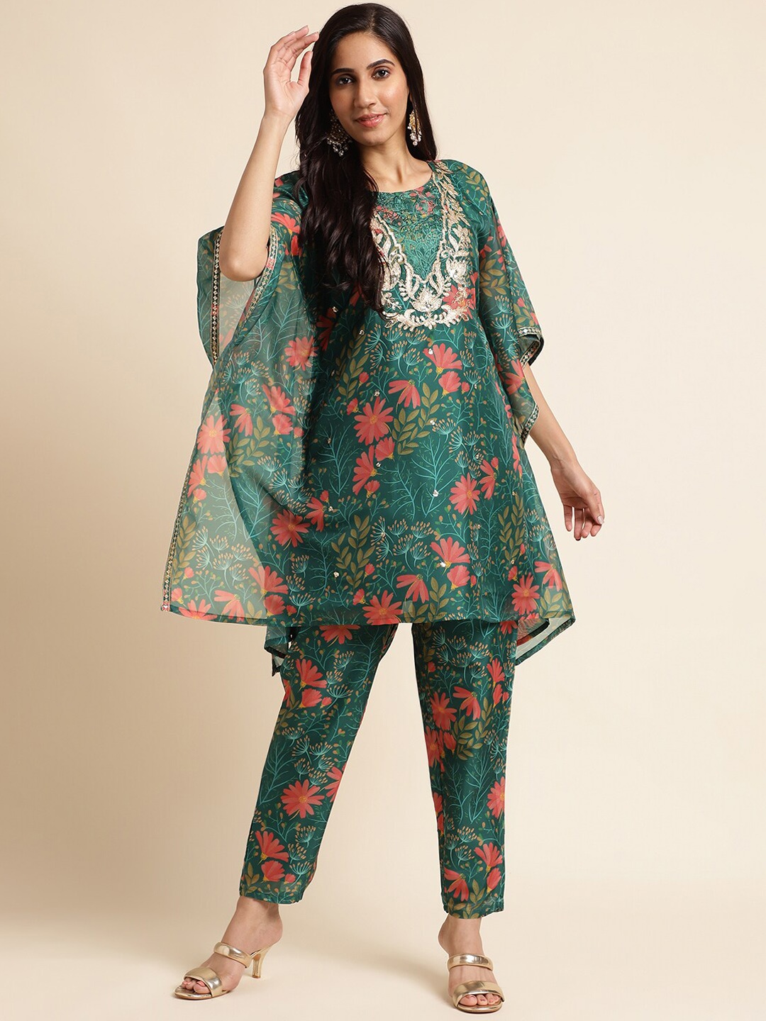 

FABMORA Floral Printed Sequinned Organza Kaftan Tunic With Trouser Co-ords, Green