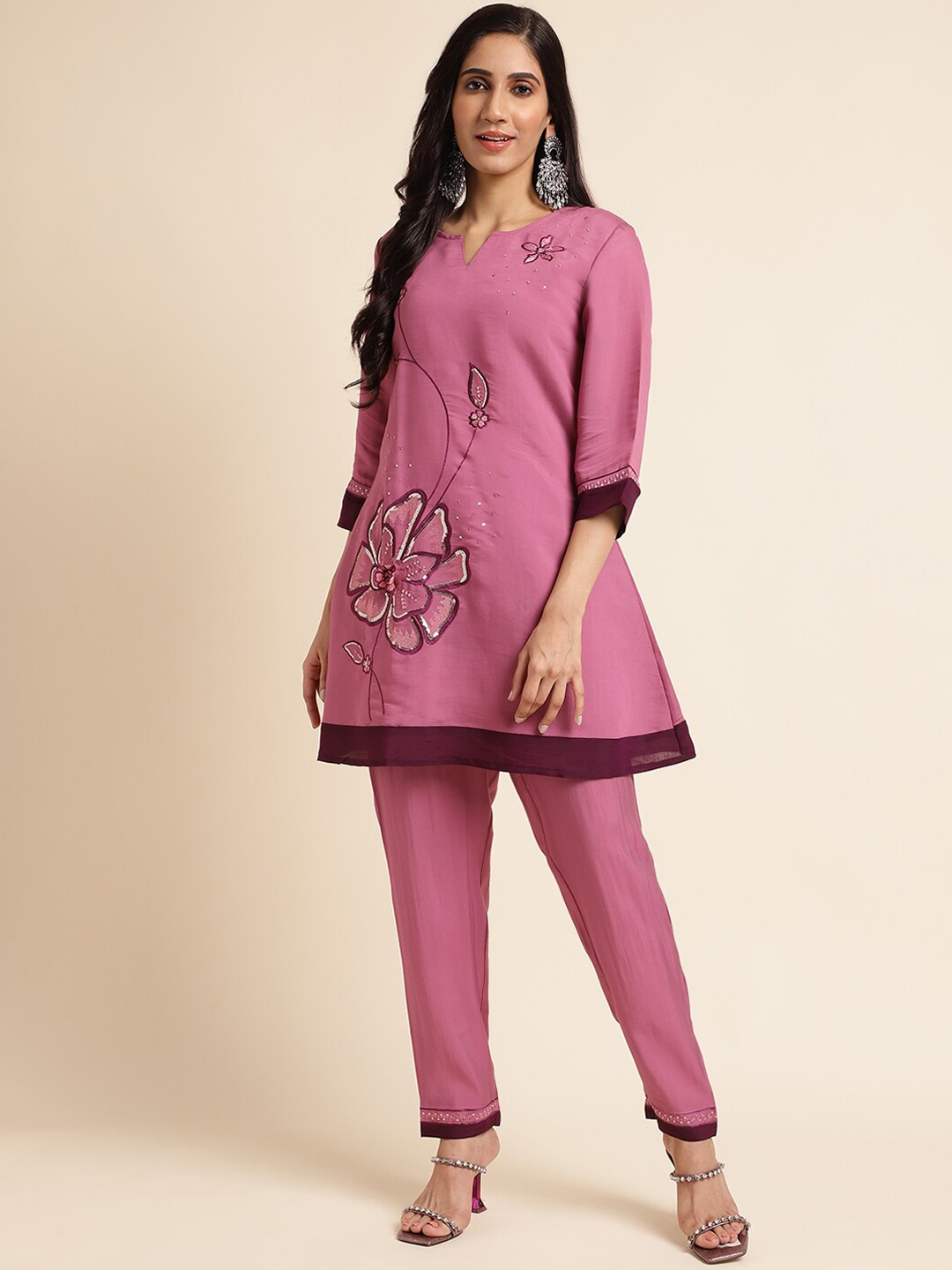 

FABMORA Floral Embroidered Sequined Pure Silk Mandarin Collar Tunic With Trouser Co-ords, Pink