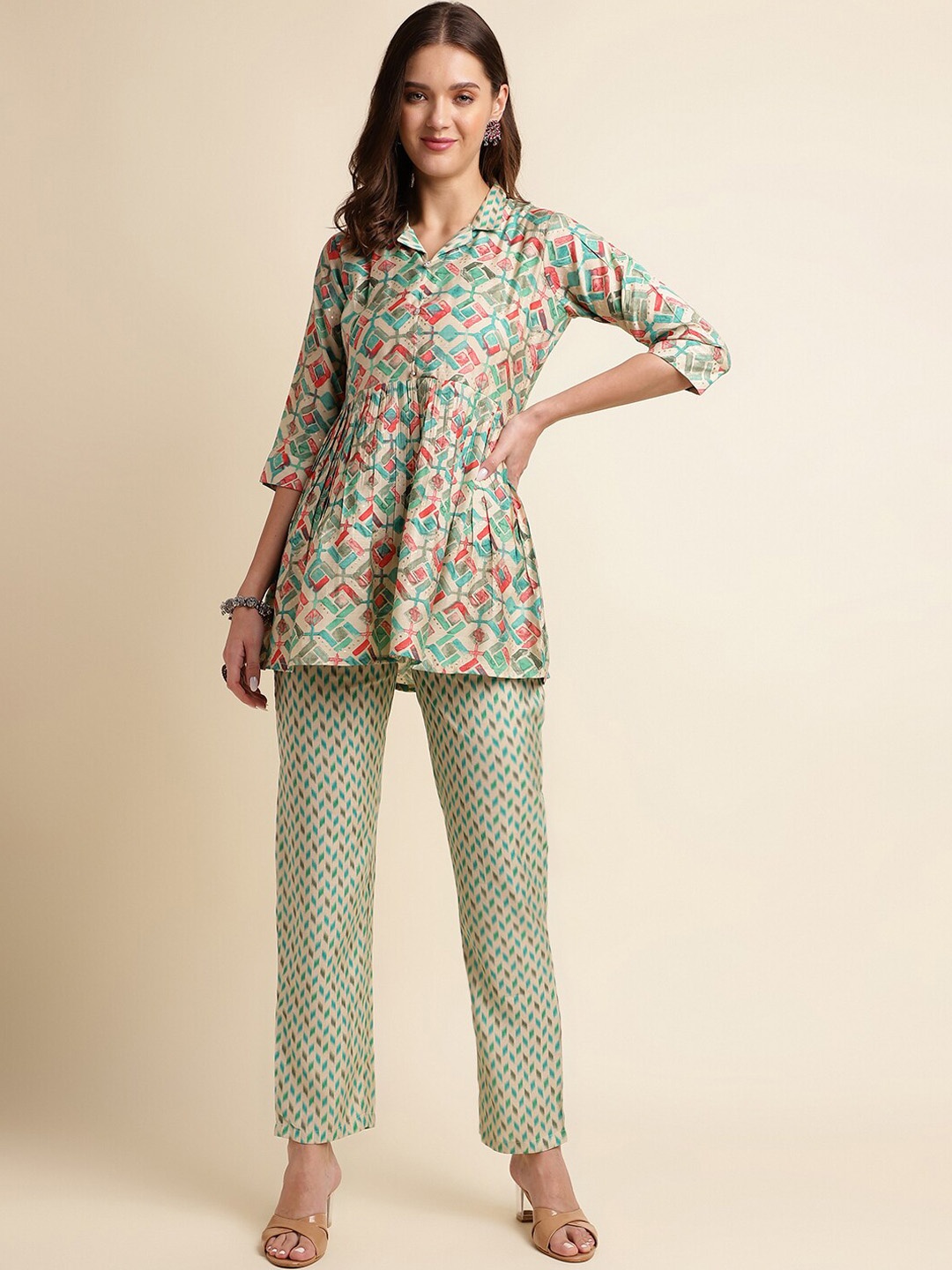 

FABMORA Ethnic Motifs Printed Pure Silk Shirt Collar Top With Trouser Co-ords, Blue
