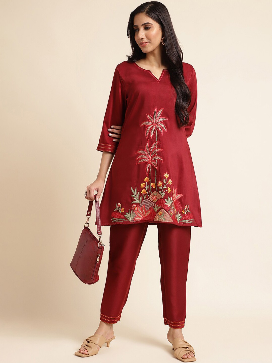 

FABMORA Floral Embroidered Sequinned Pure Cotton Kurta With Trouser, Maroon