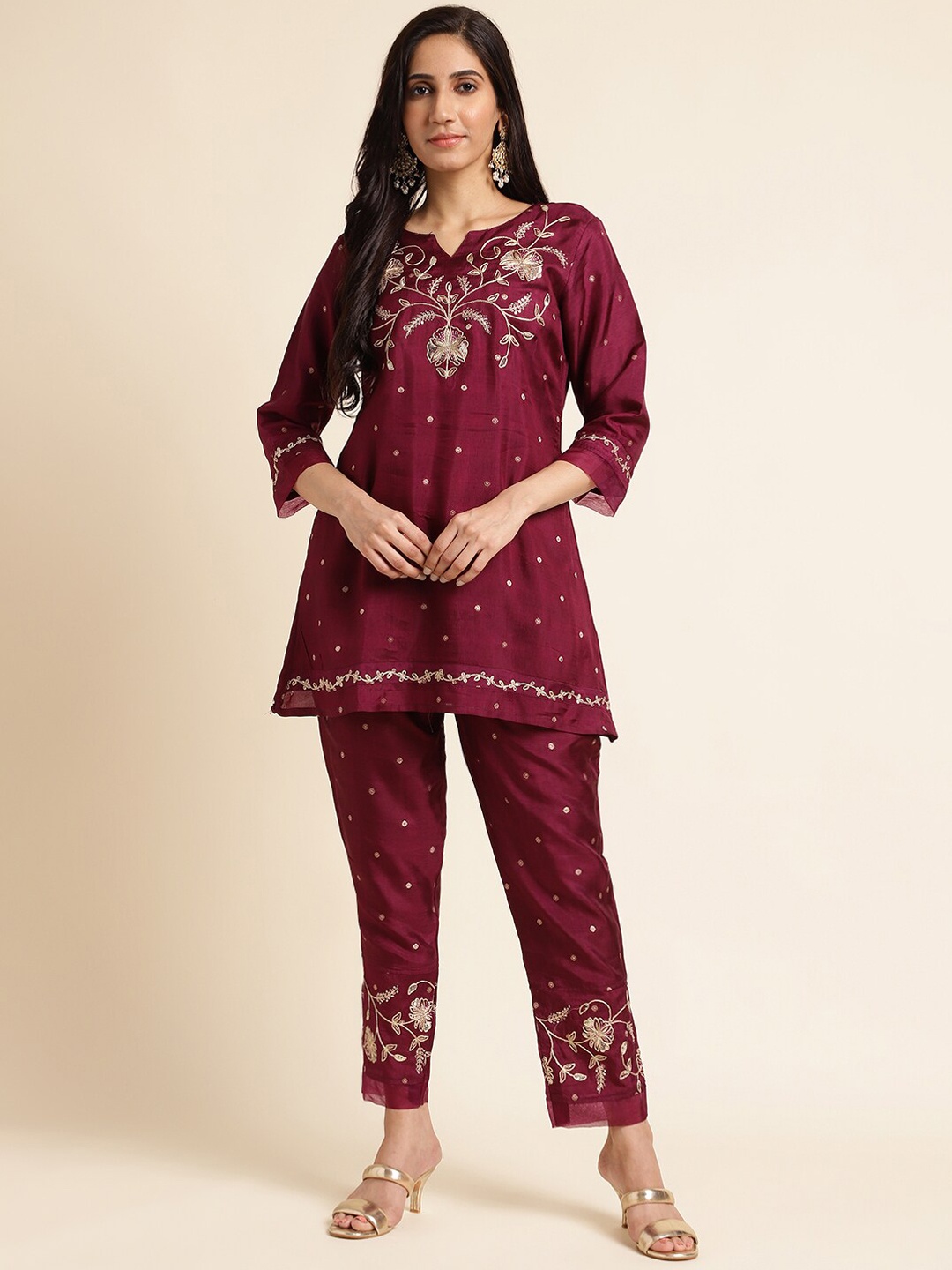 

FABMORA Floral Embroidered Pure Silk Tunic With Trouser Co-ords, Burgundy