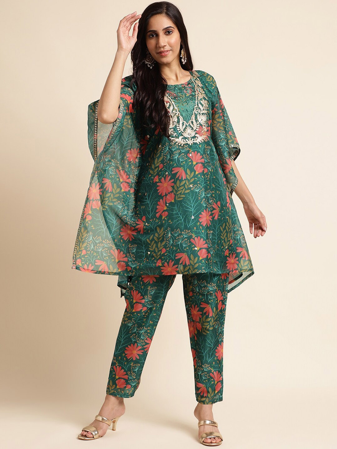 

FABMORA Floral Printed Sequinned Organza Kaftan Tunic With Trouser Co-ords, Green
