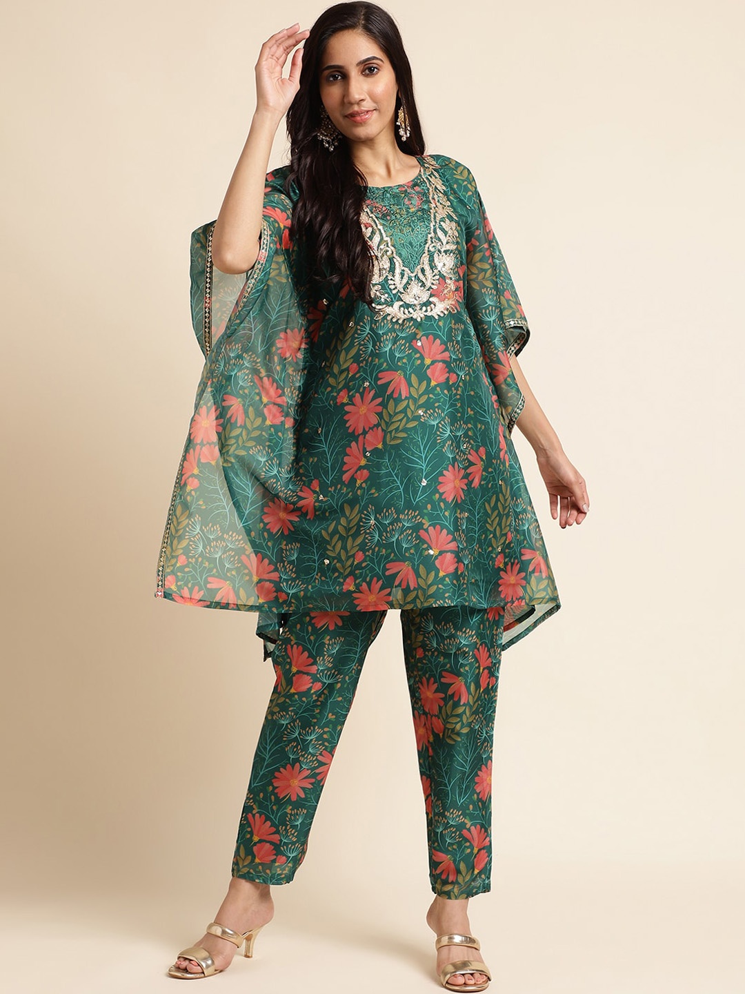 

FABMORA Floral Printed Thread Work Kaftan Kurta with Trousers, Green
