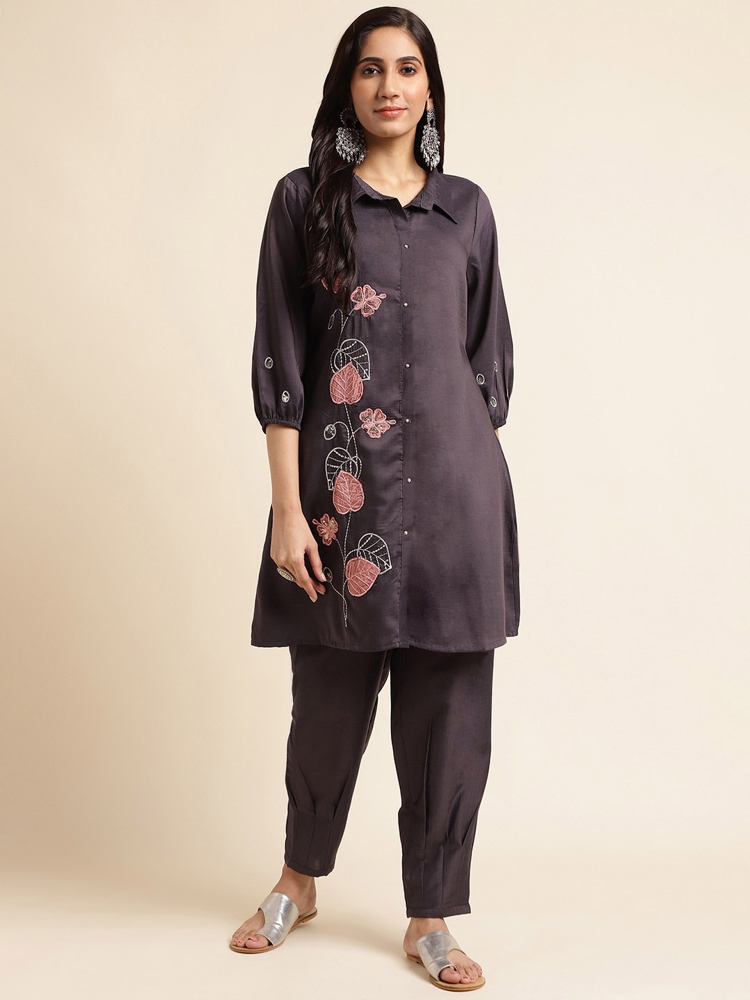 FABMORA Floral Embroidered A-Line Pure Silk Kurta With Trouser, Black