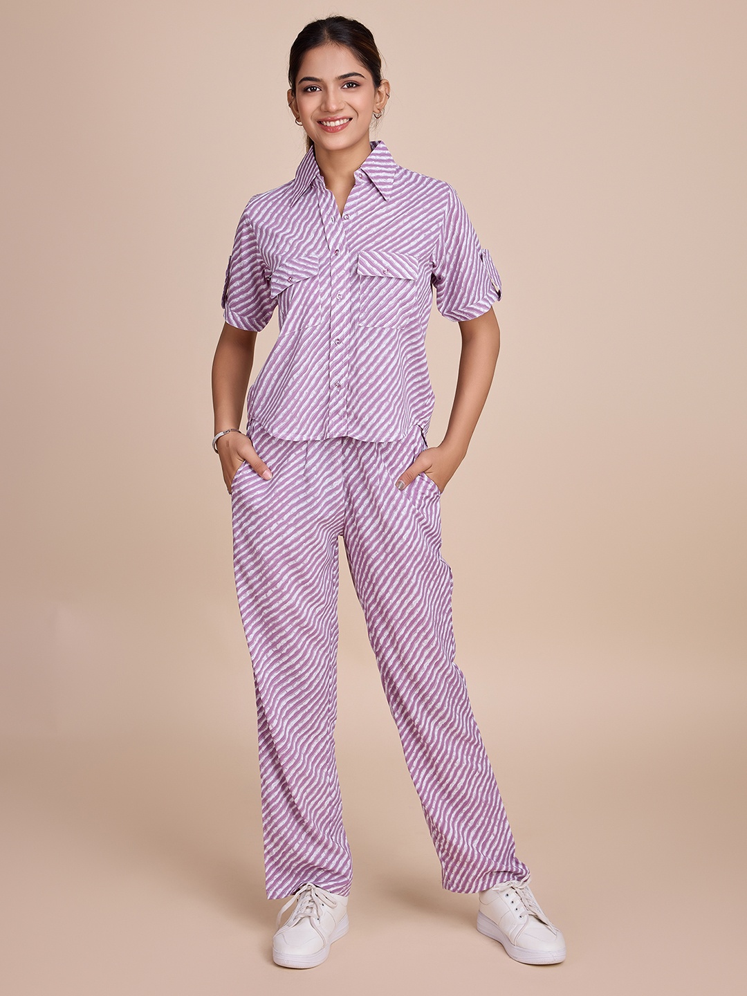 

HOUSE OF MIRA Striped Short Sleeves Shirt With Trousers, Purple