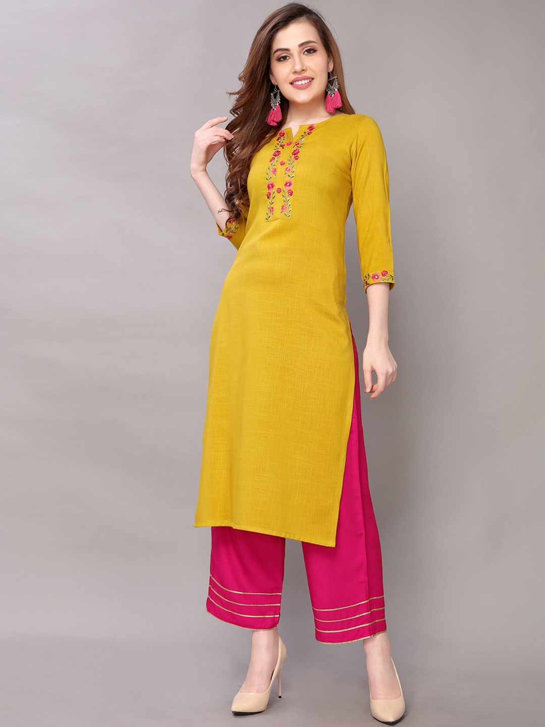 

SKYLEE Floral Yoke Design Thread Work Cotton Straight Kurta, Mustard