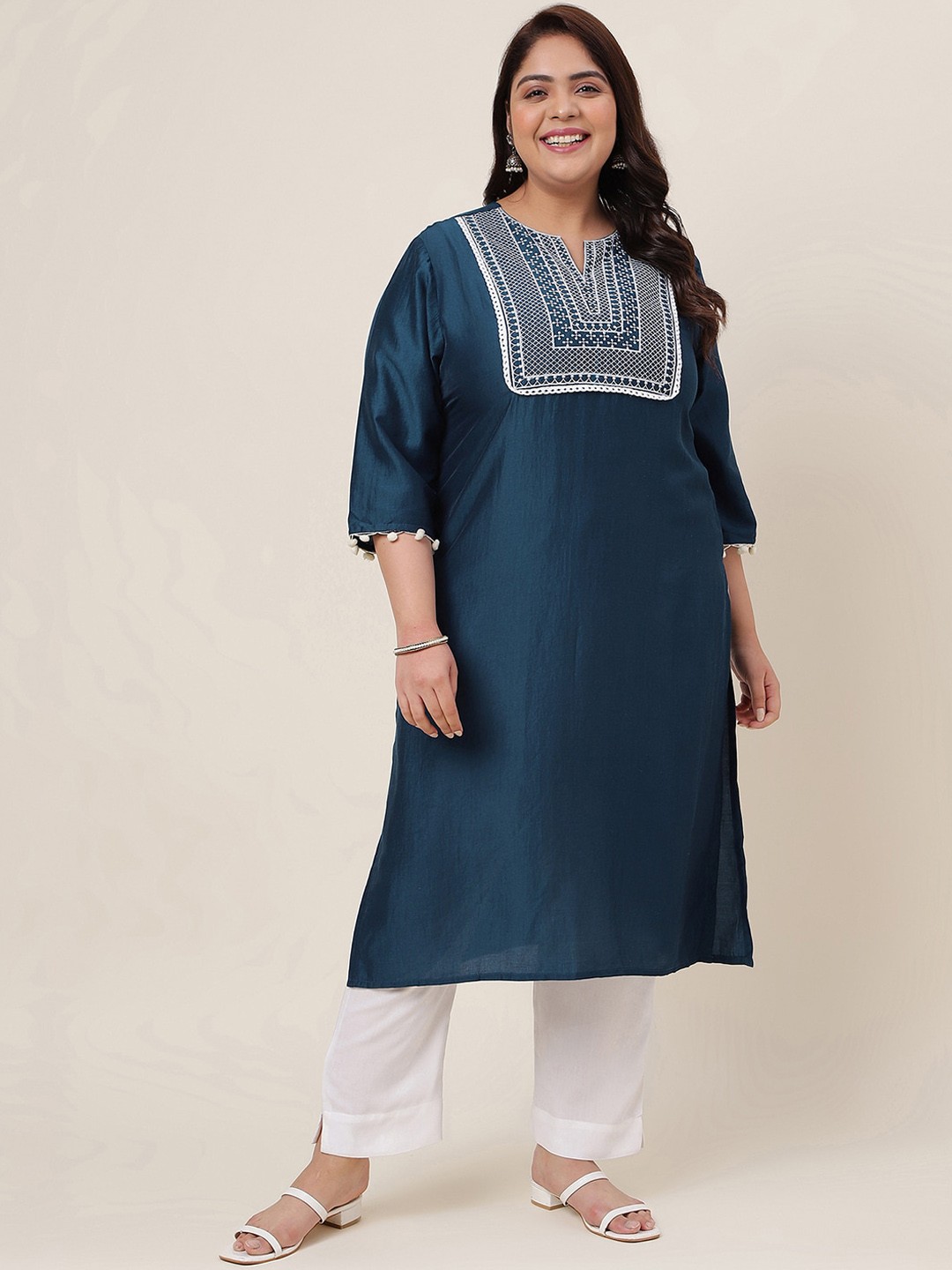 

SKYLEE Plus Size Teal Blue Yoke Design Thread Work Cotton Silk Straight Kurta