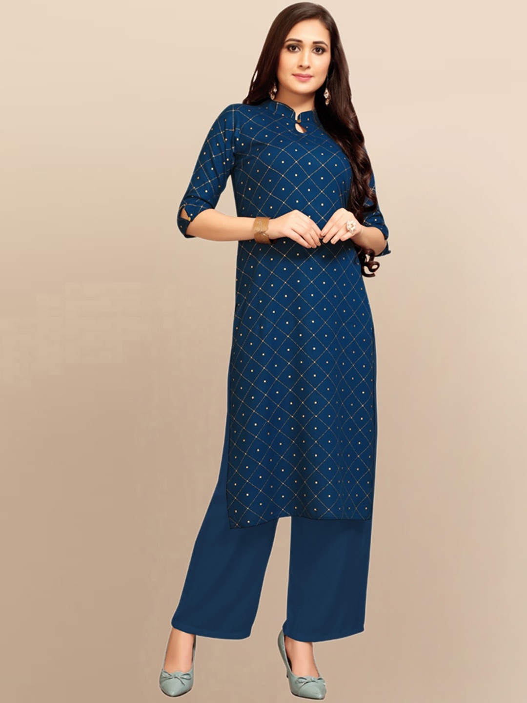 

SKYLEE Teal Blue Checked Foil Printed Keyhole Neck Kurta