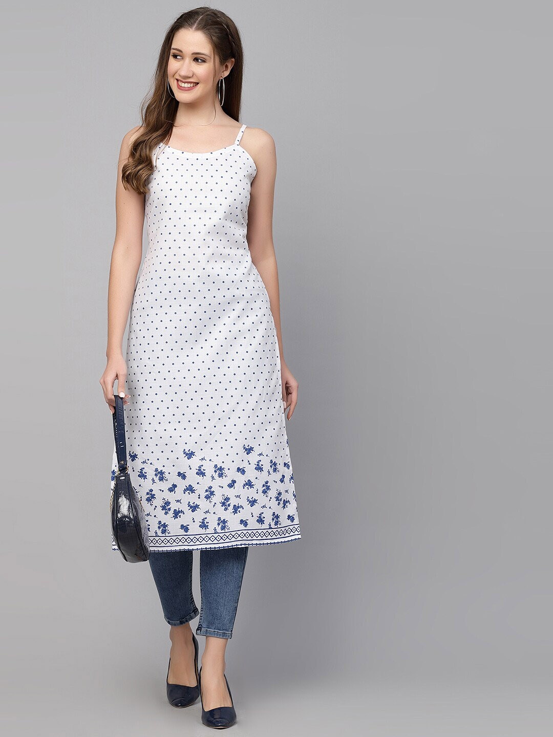 

KALINI White Geometric Printed Shoulder Straps Straight Cotton Kurta