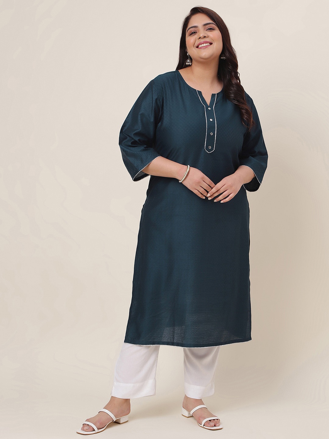 

KALINI Plus Size Woven Designed Round Neck Cotton Straight Kurta, Teal