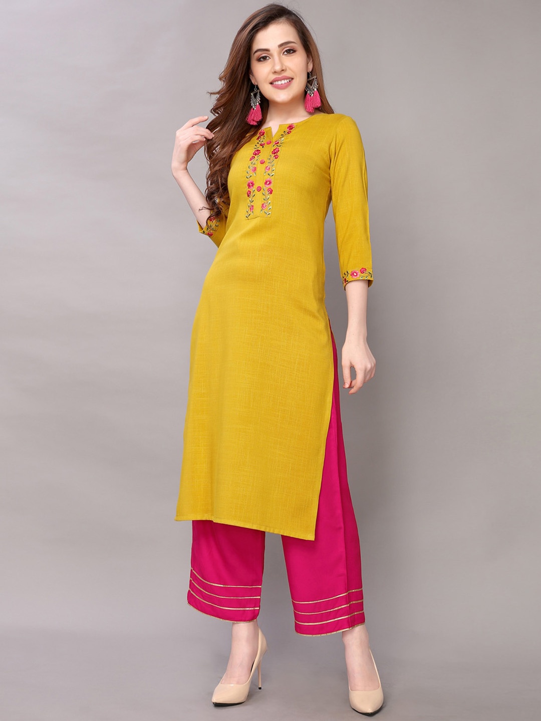 

KALINI Women Floral Yoke Designed Thread Work Cotton Straight Kurta, Mustard