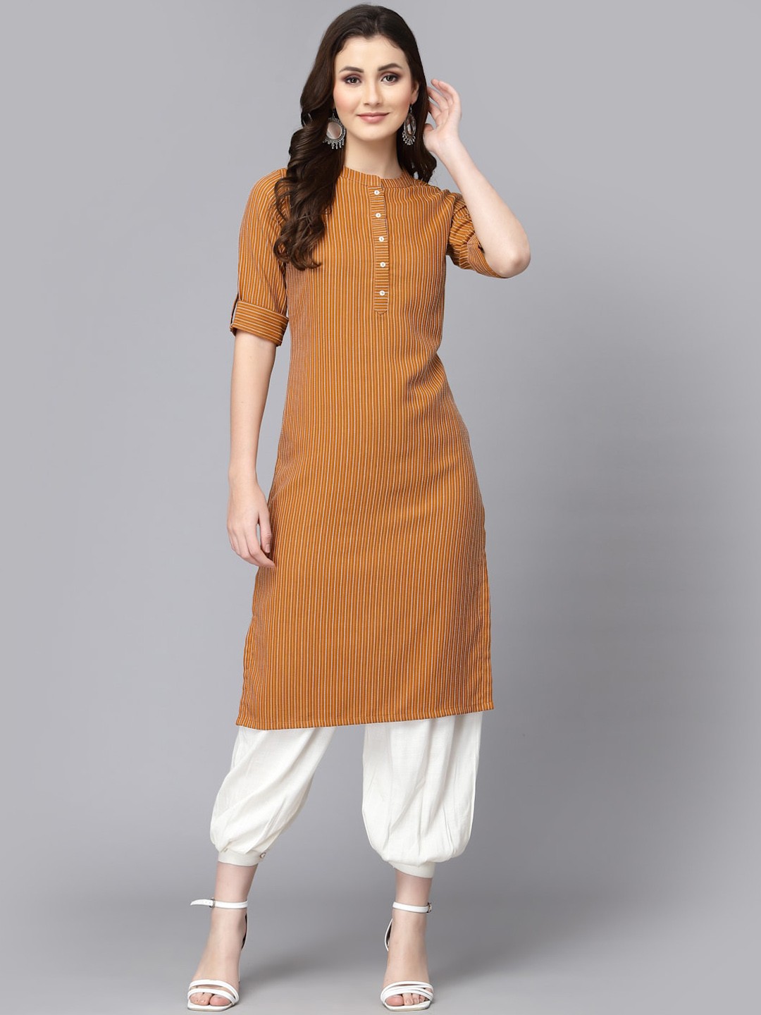 

KALINI Striped Mandarin Collar Straight Cotton Kurta, Mustard