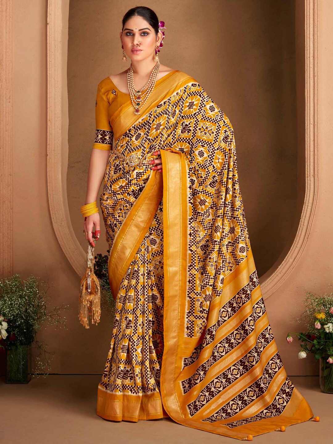 

Saree mall Ethnic Motifs Printed Zari Ikat Sarees, Mustard