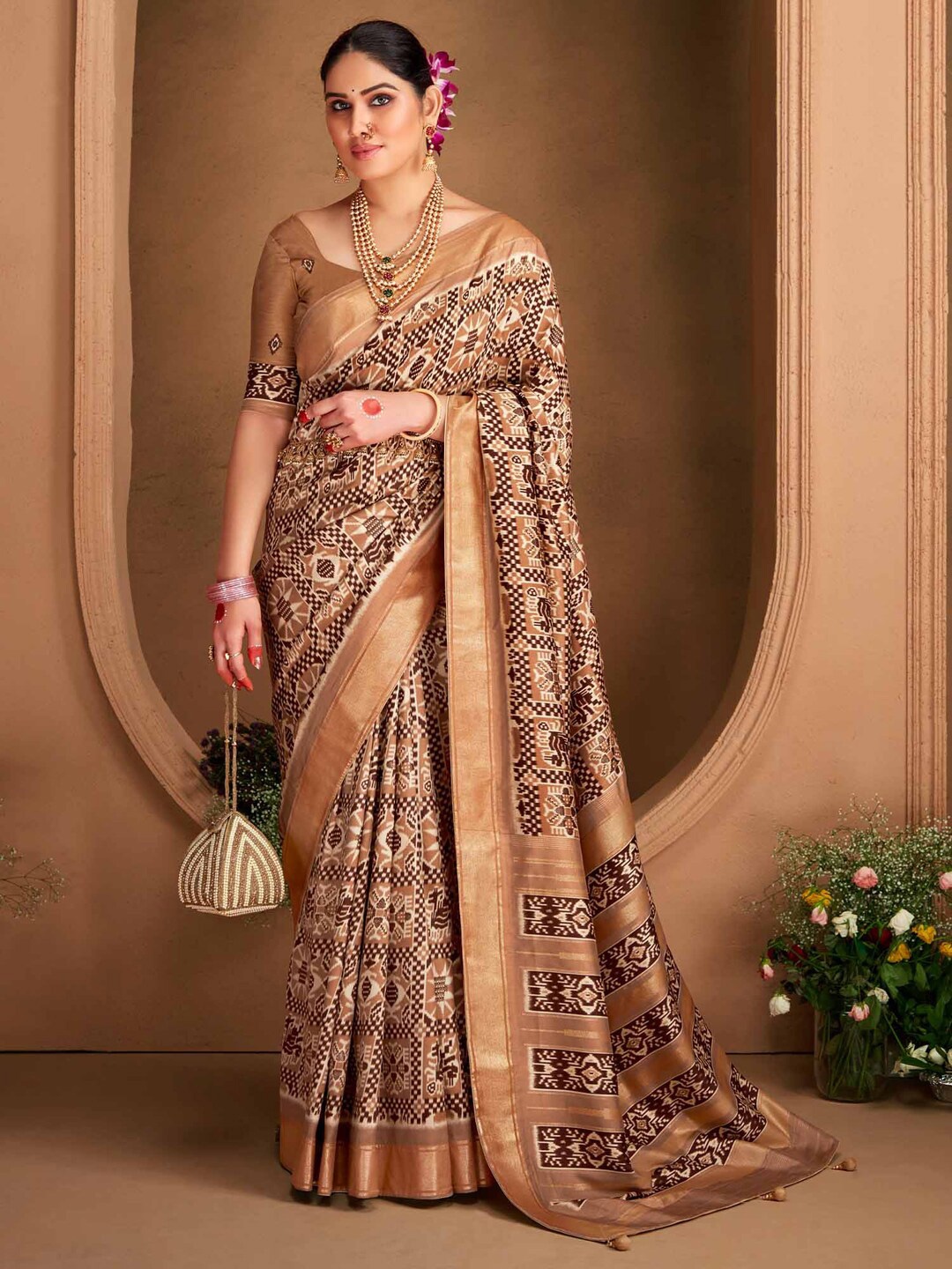 

Saree mall Ethnic Motifs Printed Zari Ikat Sarees, Brown