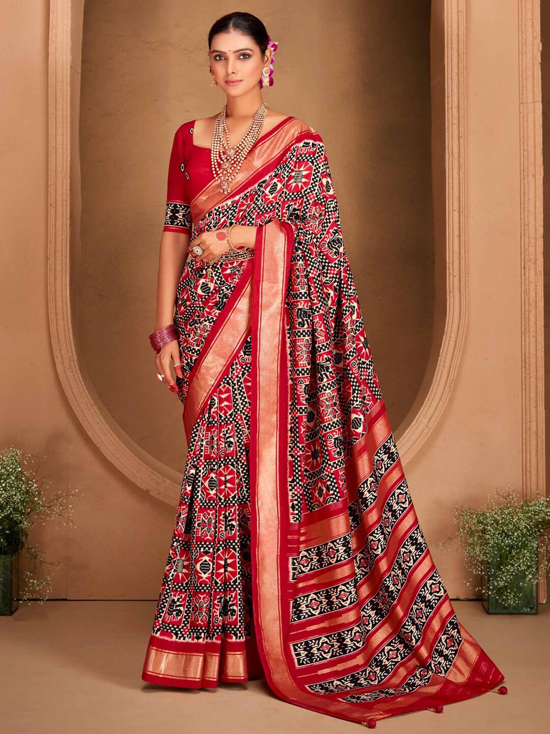 

Saree mall Ethnic Motifs Printed Zari Ikat Sarees, Red